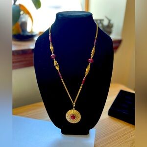 Sarah Coventry Necklace - Long Gold Tone Chain With Ornate Pendant & Red Accents